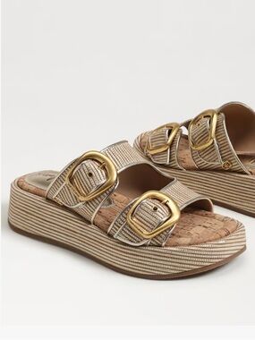 Sam Edelman Nerissa Platform Slide Sandals in Sunny Gold Faux Raffia New!